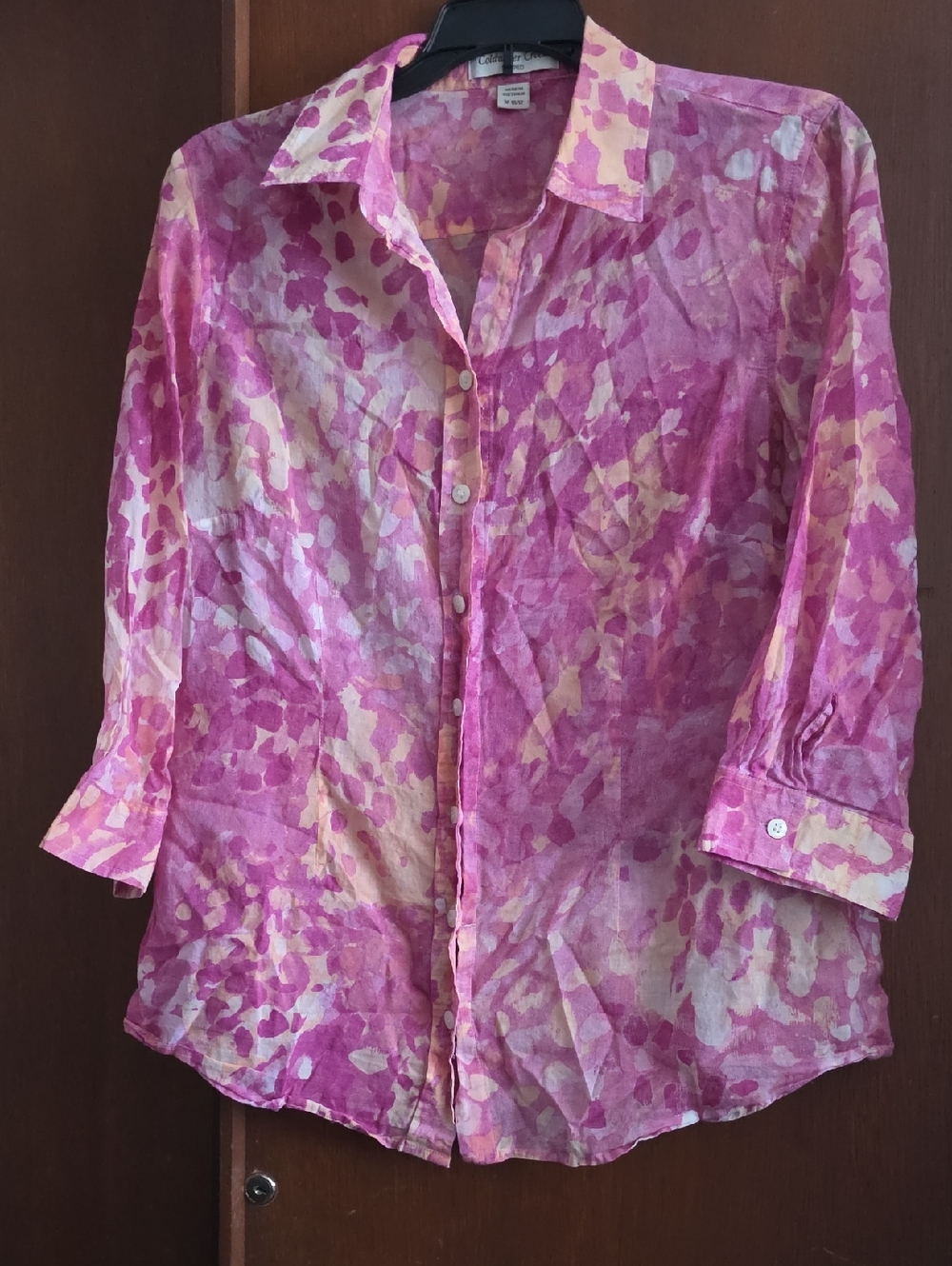 Coldwater Creek Shaped 100% Cotton Pink and Cream Watercolor Blouse Sz M